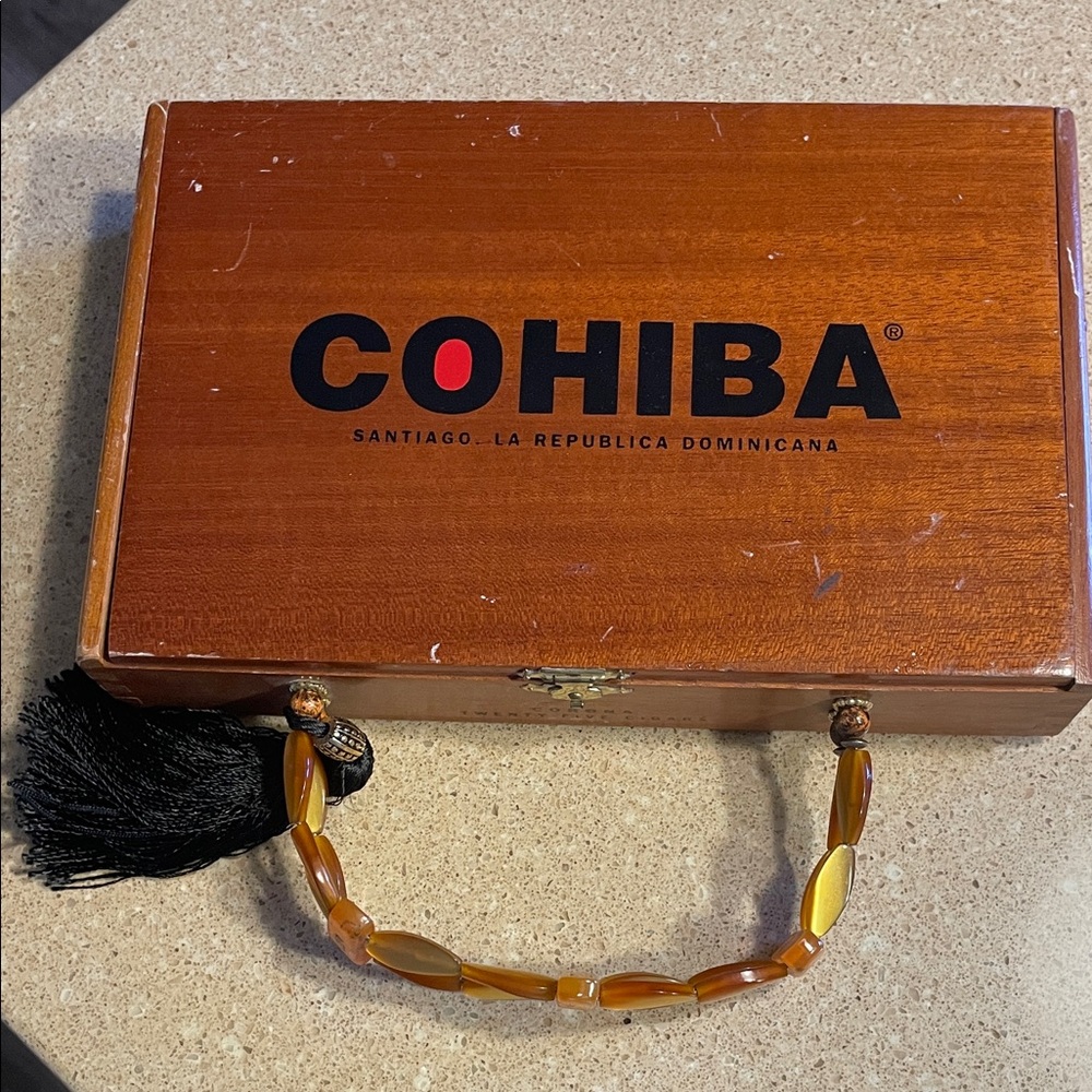 Cohiba Wooden Cigar Box with Beaded Tassel Handle